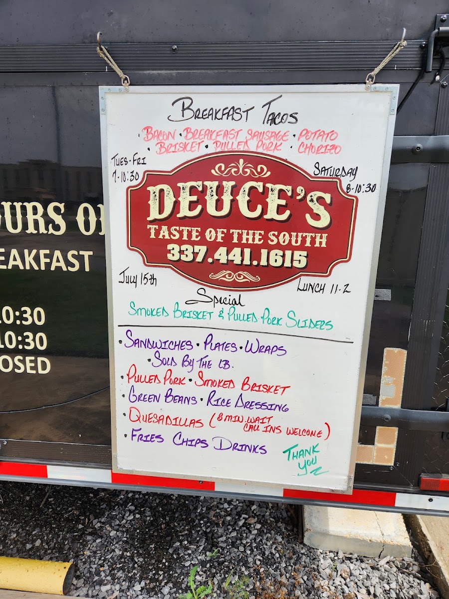 Deuce’s Taste of the South menu board