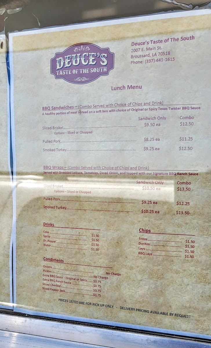 Deuce’s Taste of the South menu board