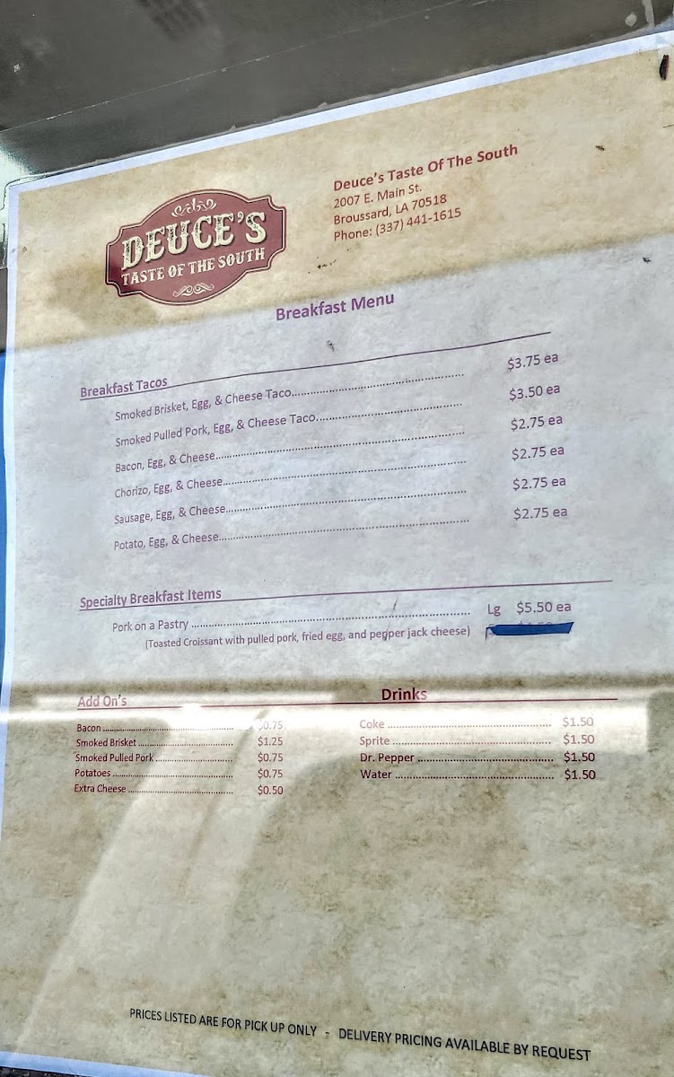 Deuce’s Taste of the South menu board