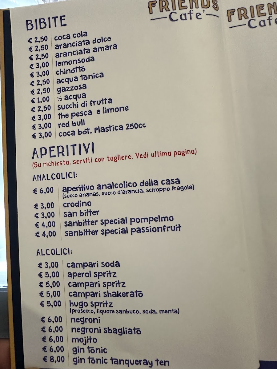 Friends Cafe' menu board