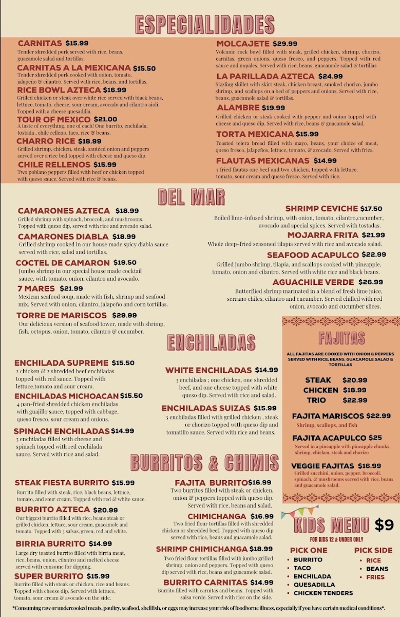 El Azteca Mexican Cocina menu board