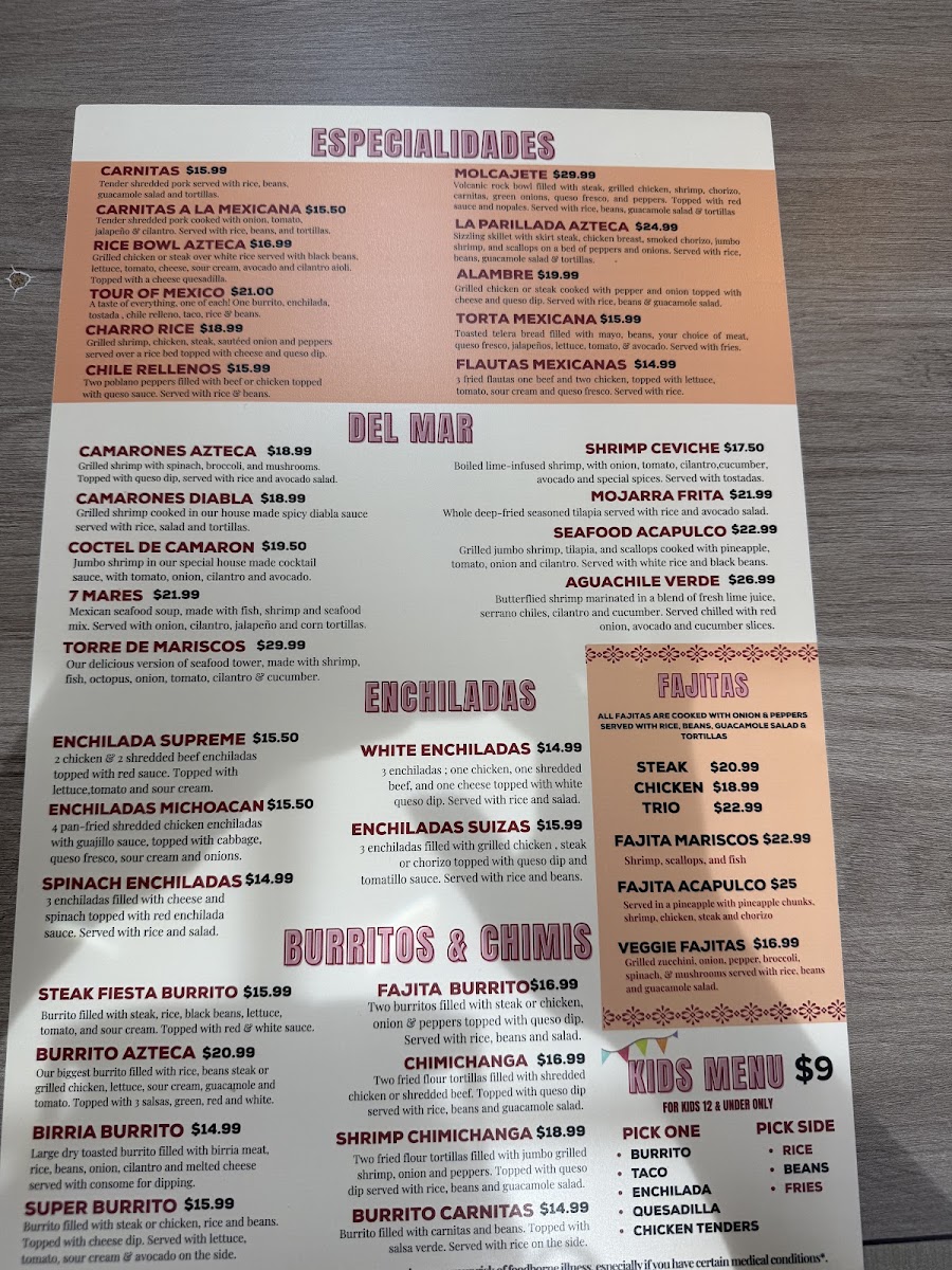 El Azteca Mexican Cocina menu board