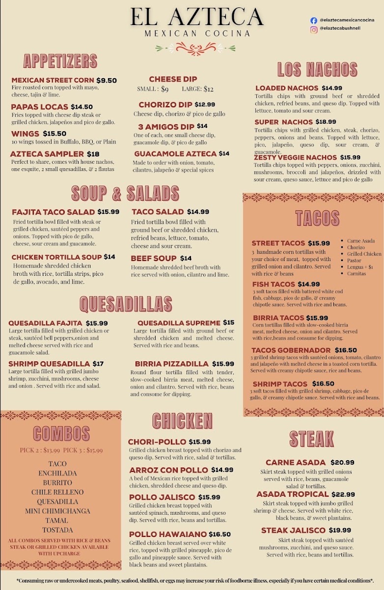 El Azteca Mexican Cocina menu board