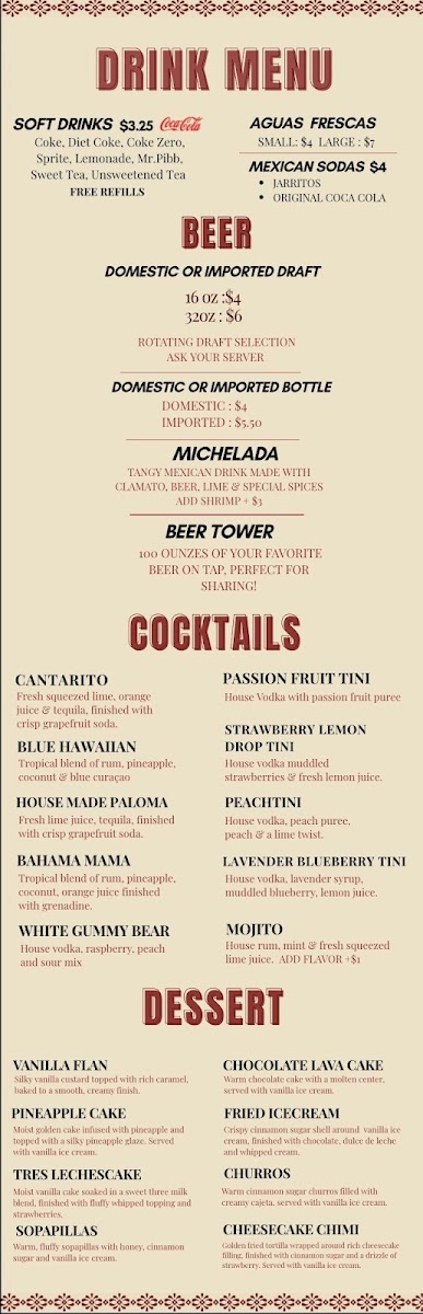 El Azteca Mexican Cocina menu board