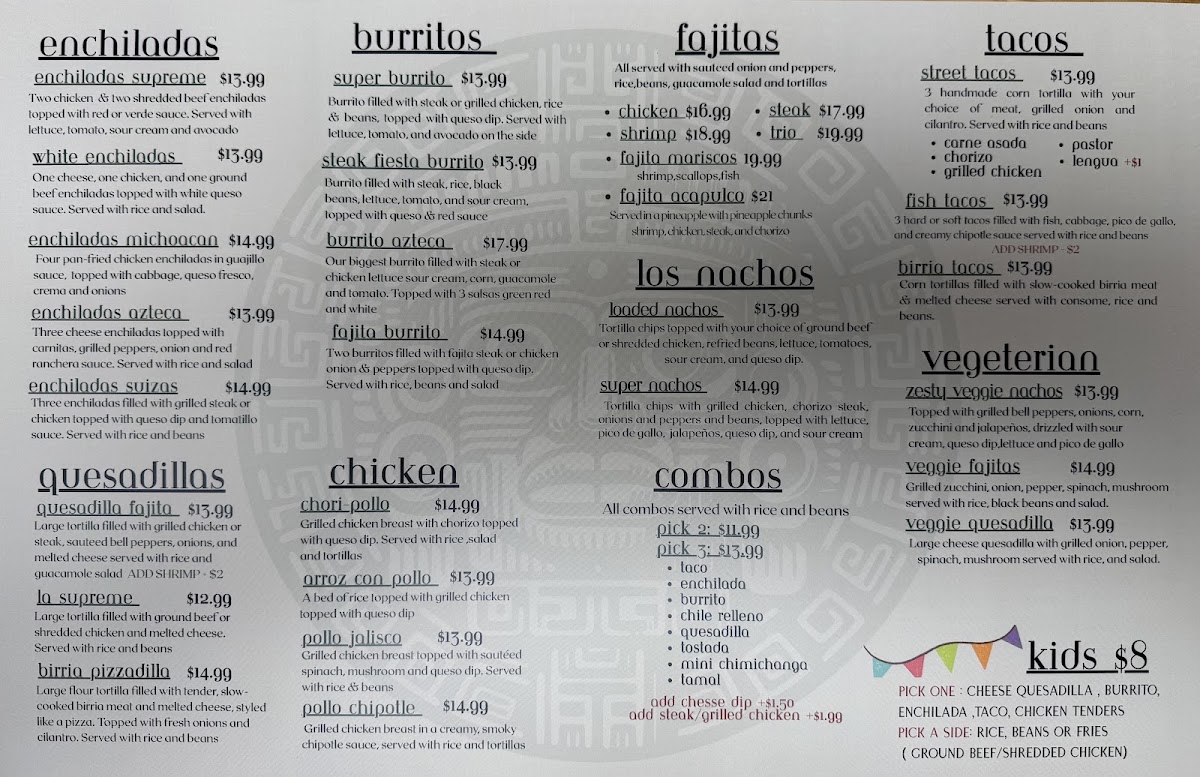 El Azteca Mexican Cocina menu board