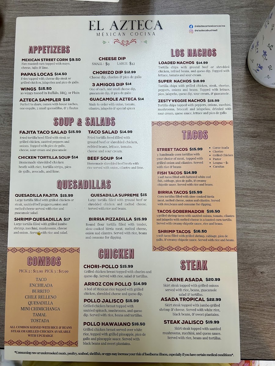 El Azteca Mexican Cocina menu board
