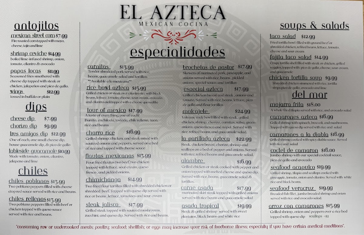 El Azteca Mexican Cocina menu board