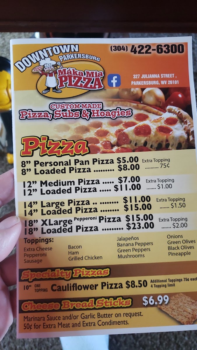 Maka Mia Pizza LLC menu board