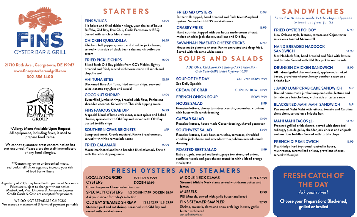 FINS Oyster Bar & Grill menu board