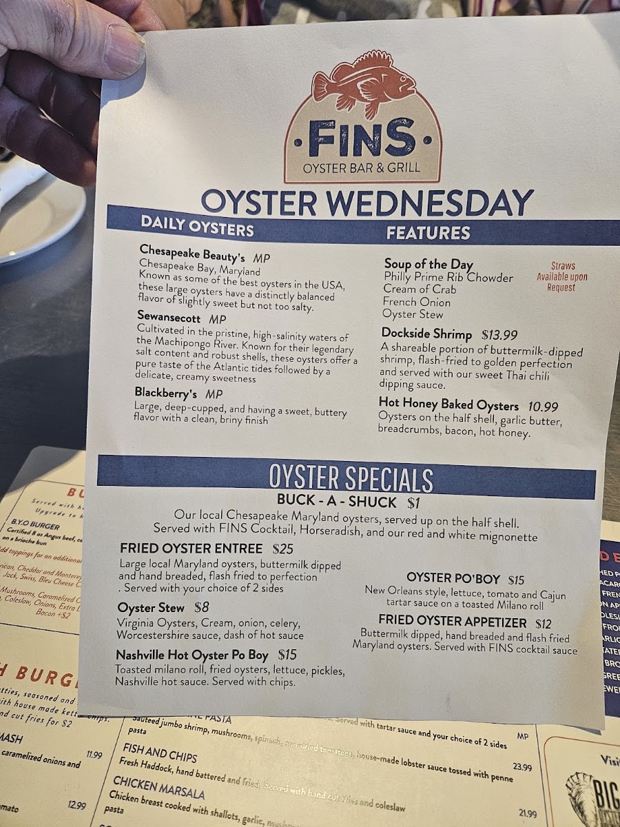 FINS Oyster Bar & Grill menu board
