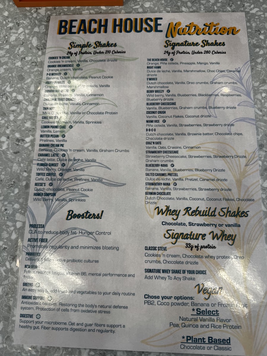 Beach House Nutrition LLC menu board