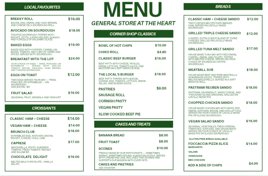 General Store at The Heart menu board
