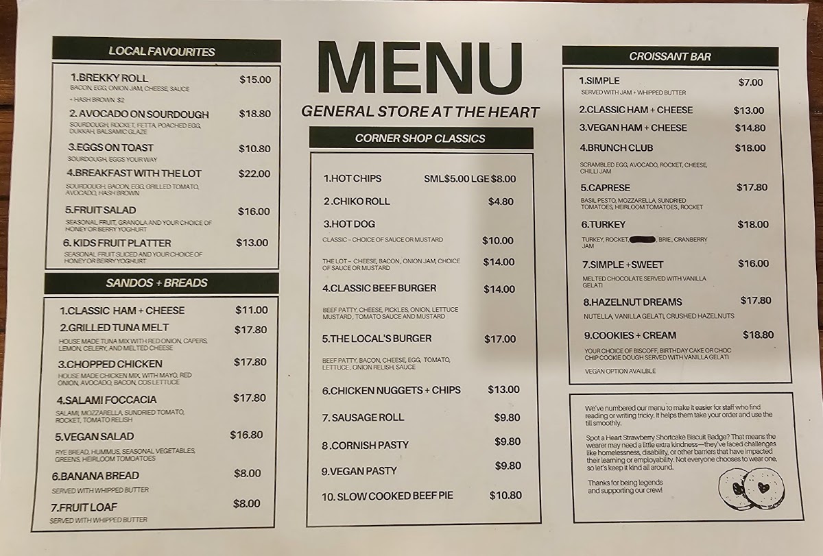 General Store at The Heart menu board