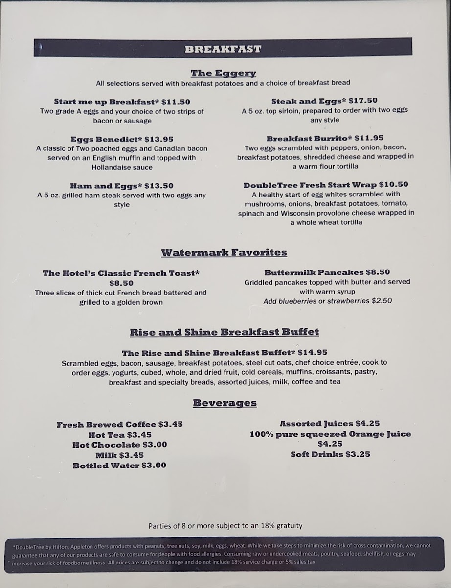 Watermark Restaurant Hilton Hotel menu board
