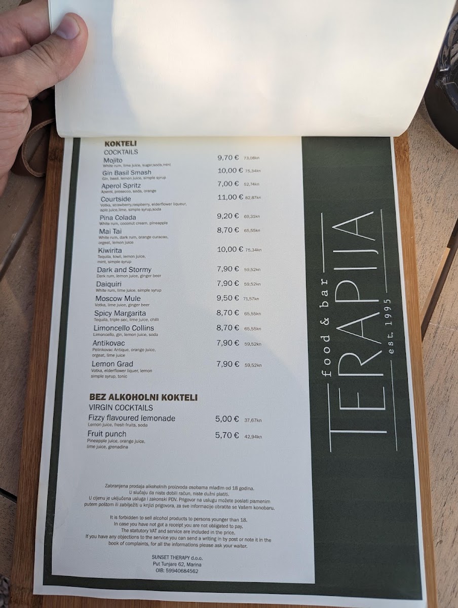 Terapija Beach Bar menu board