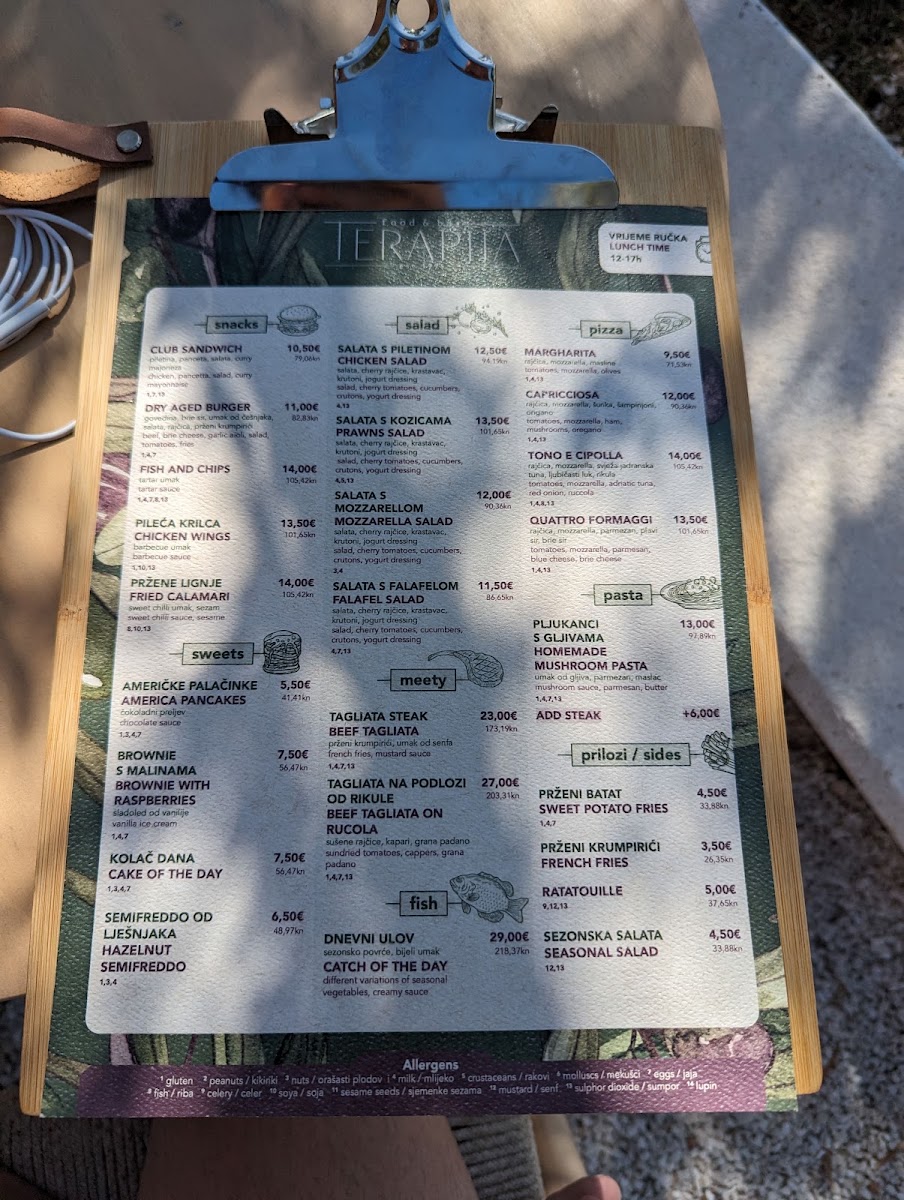 Terapija Beach Bar menu board
