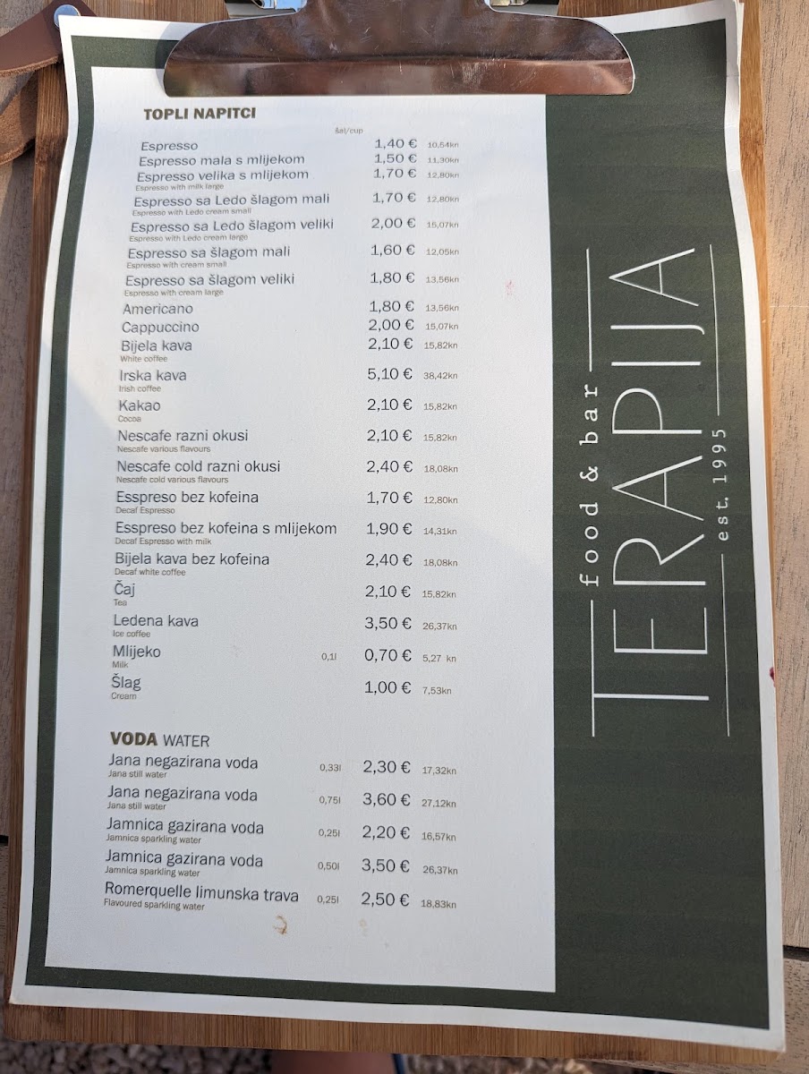 Terapija Beach Bar menu board