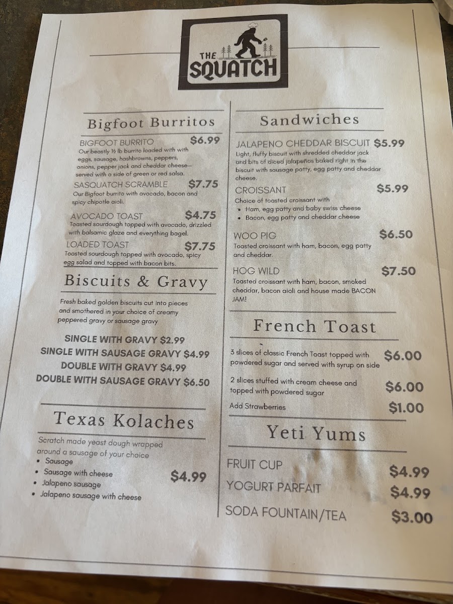 The Squatch menu board