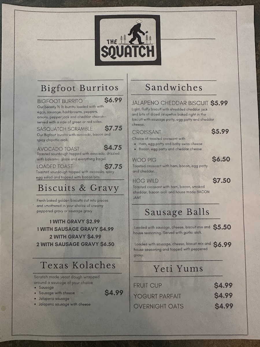 The Squatch menu board