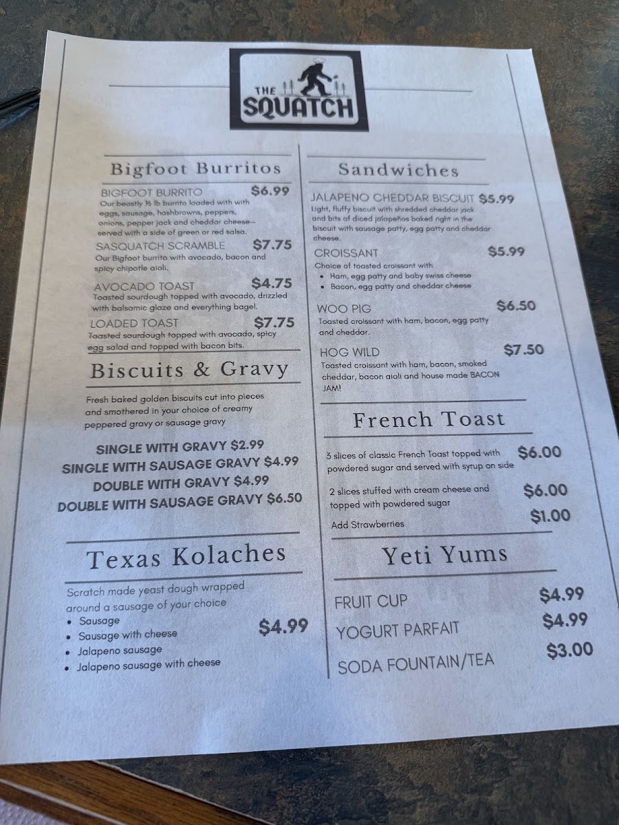 The Squatch menu board
