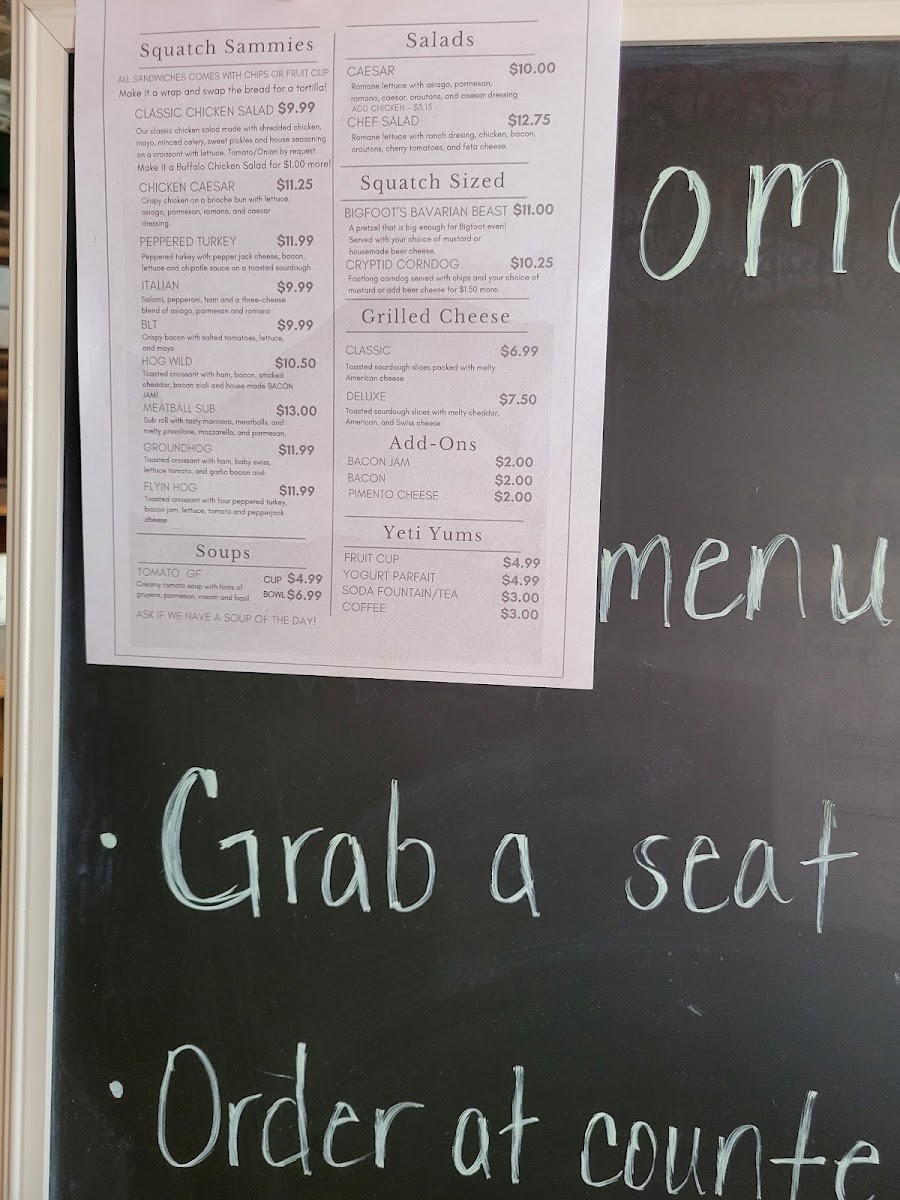 The Squatch menu board