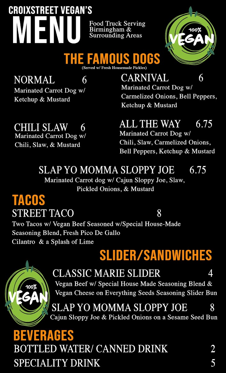 CroixStreet Vegan Food Truck (Check Routes For Location) menu board