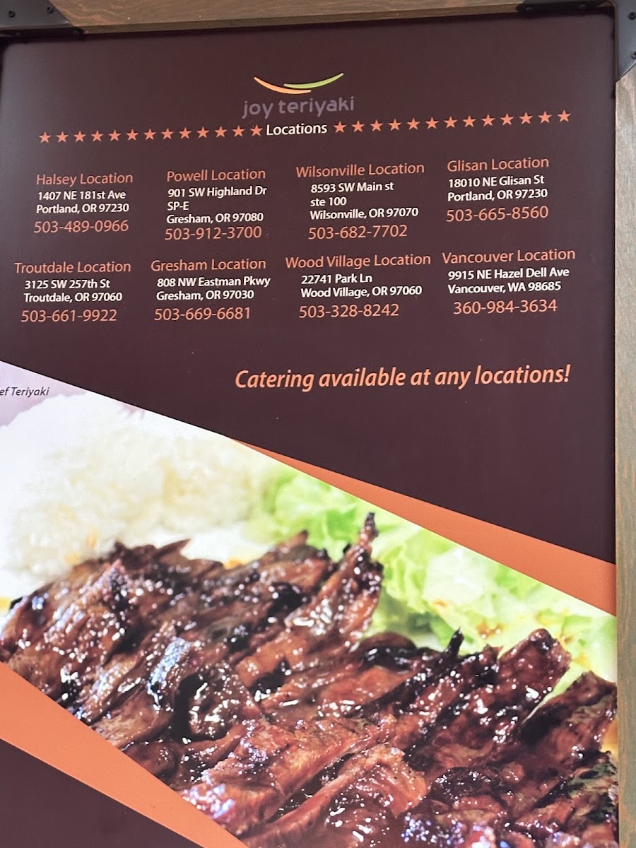 Joy Teriyaki menu board