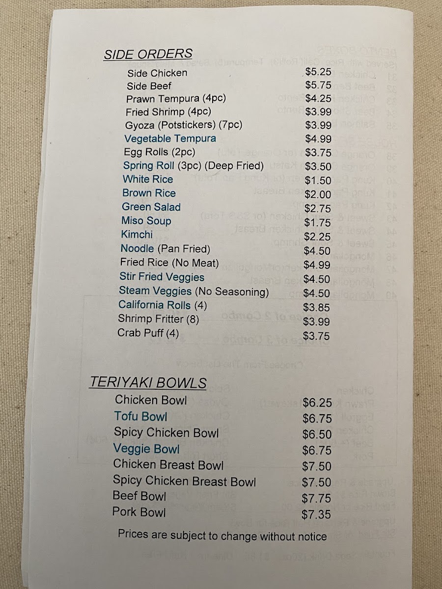 Joy Teriyaki menu board