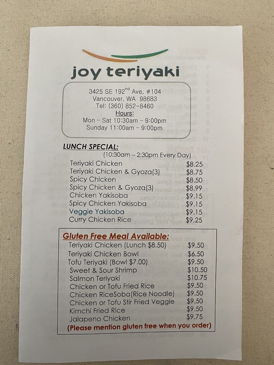 Joy Teriyaki menu board