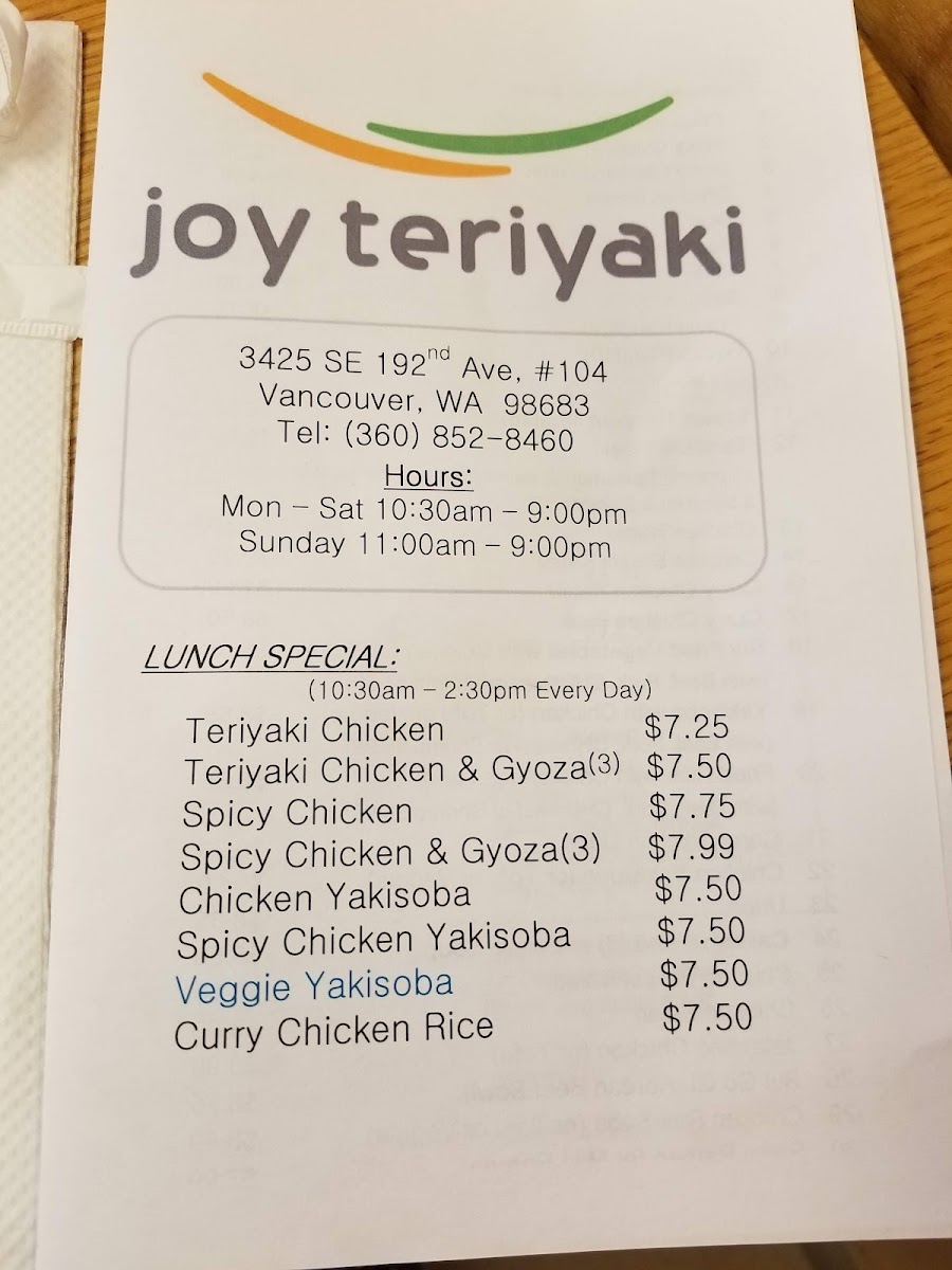 Joy Teriyaki menu board