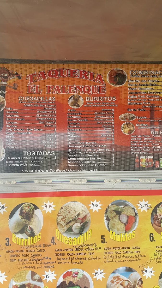Taqueria El Palenque menu board