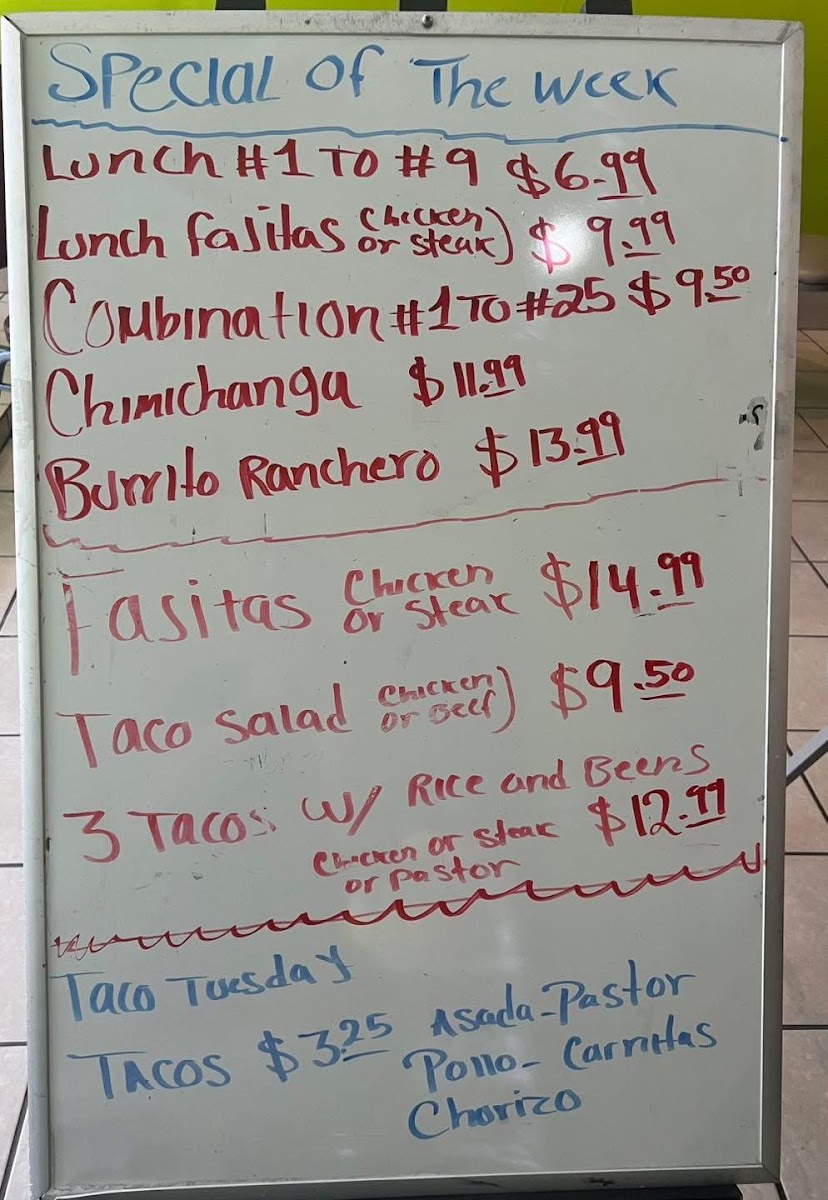 Taquería & Restaurant Vargas 2 menu board