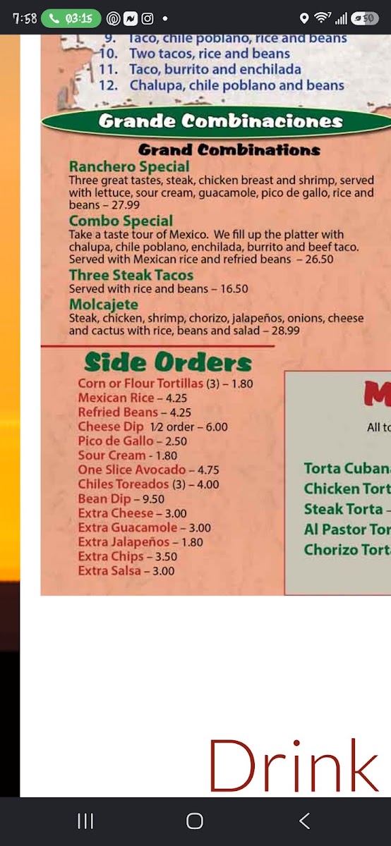 Taquería & Restaurant Vargas 2 menu board