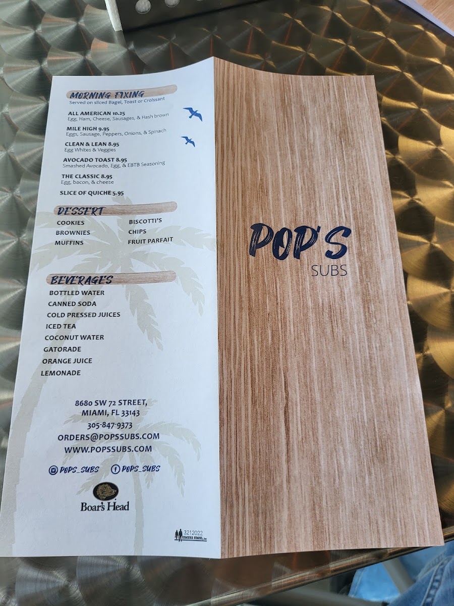 Pop's Subs menu board