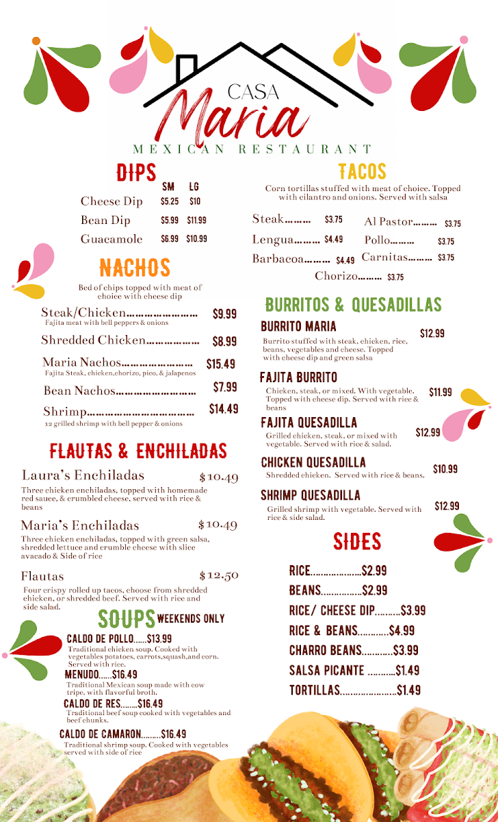 Casa María Mexican Restaurant menu board