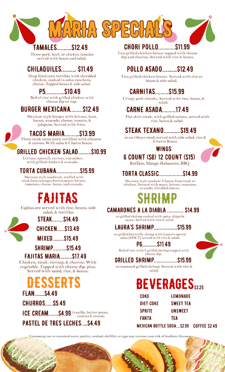Casa María Mexican Restaurant menu board