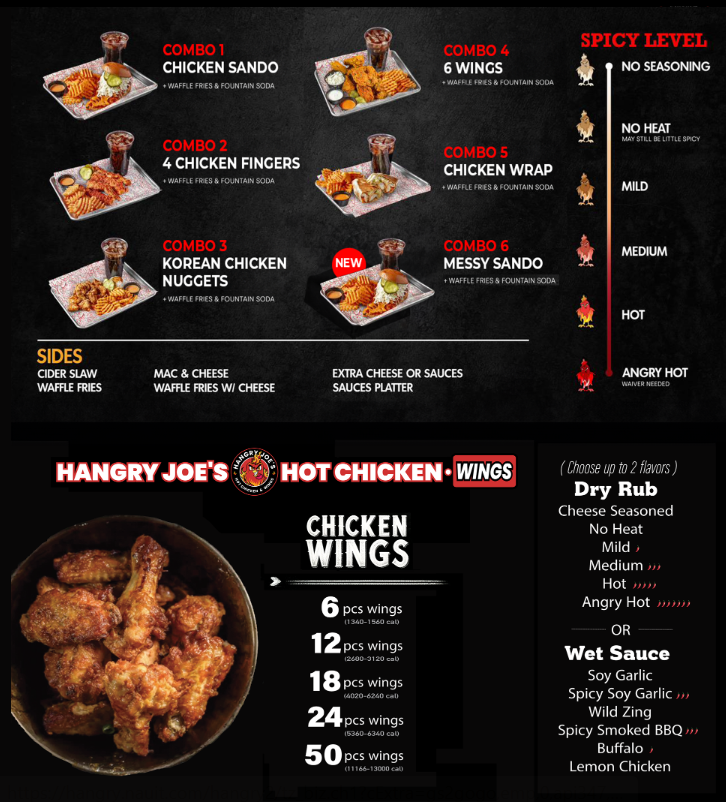 Hangry Joe’s Hot Chicken & Wings menu board