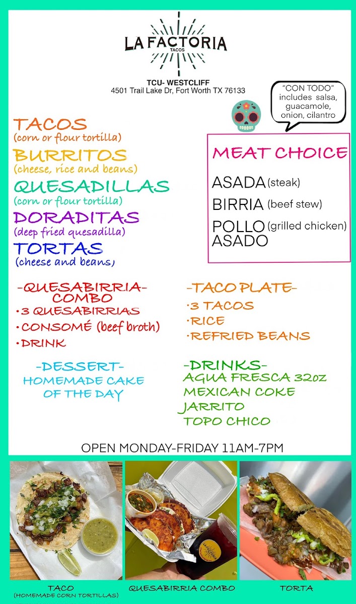 La Factoria Tacos menu board