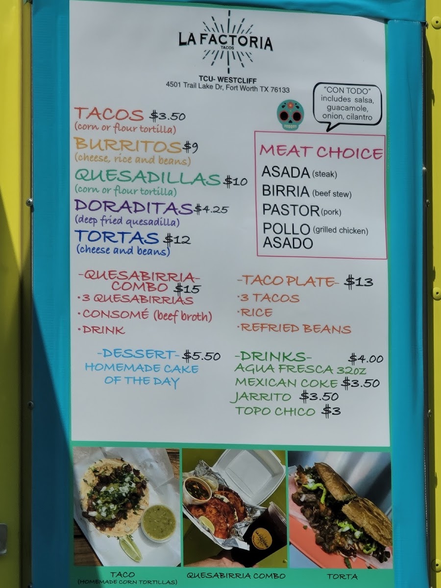 La Factoria Tacos menu board