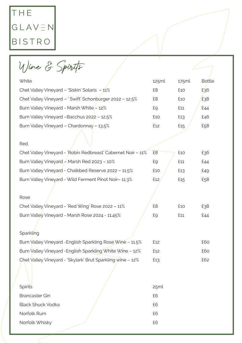The Glaven Bistro menu board