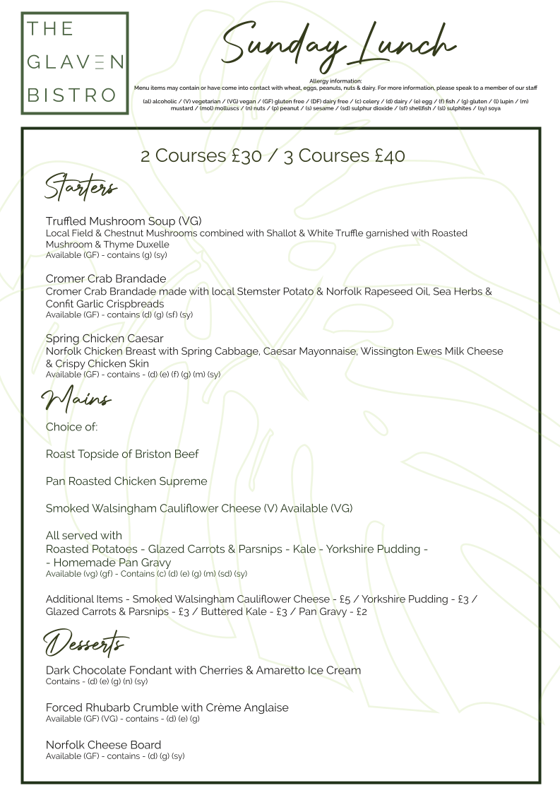 The Glaven Bistro menu board