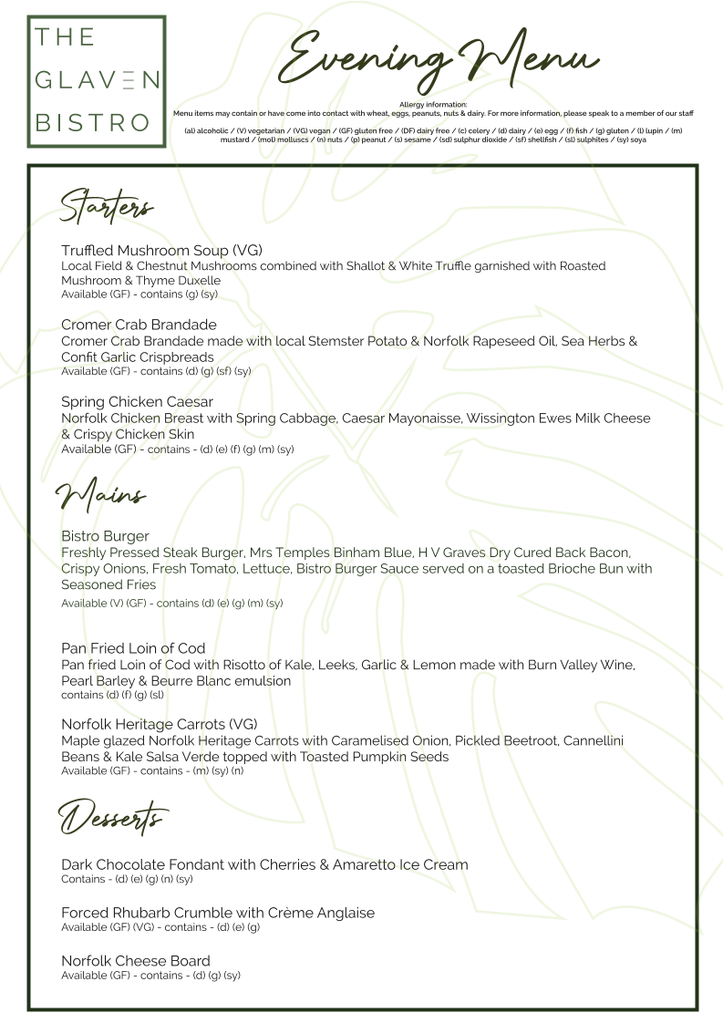 The Glaven Bistro menu board