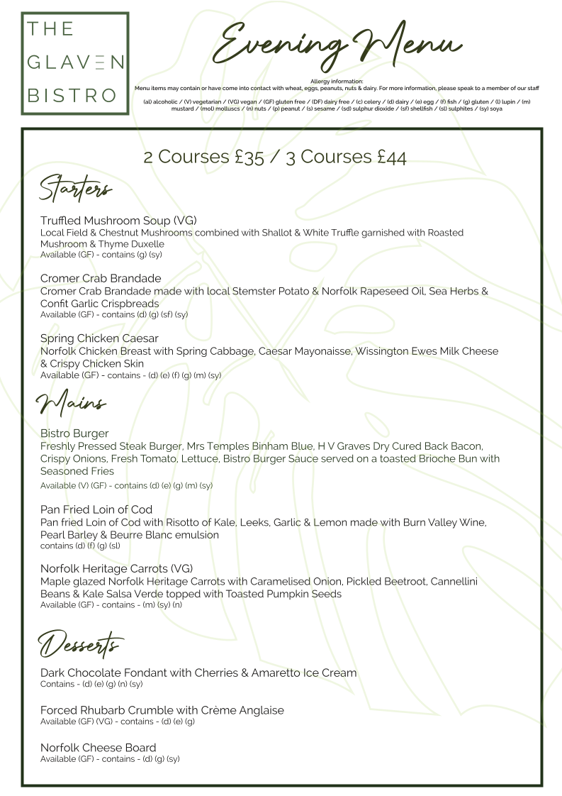 The Glaven Bistro menu board