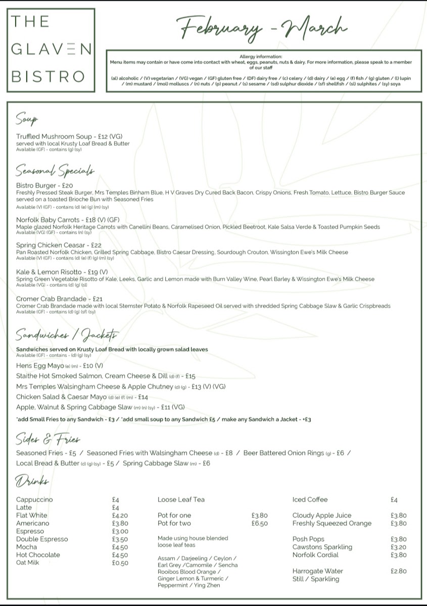 The Glaven Bistro menu board