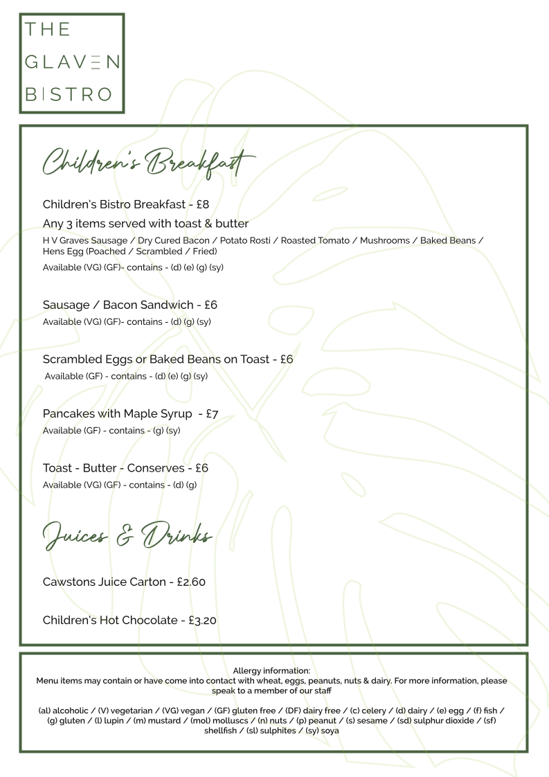 The Glaven Bistro menu board
