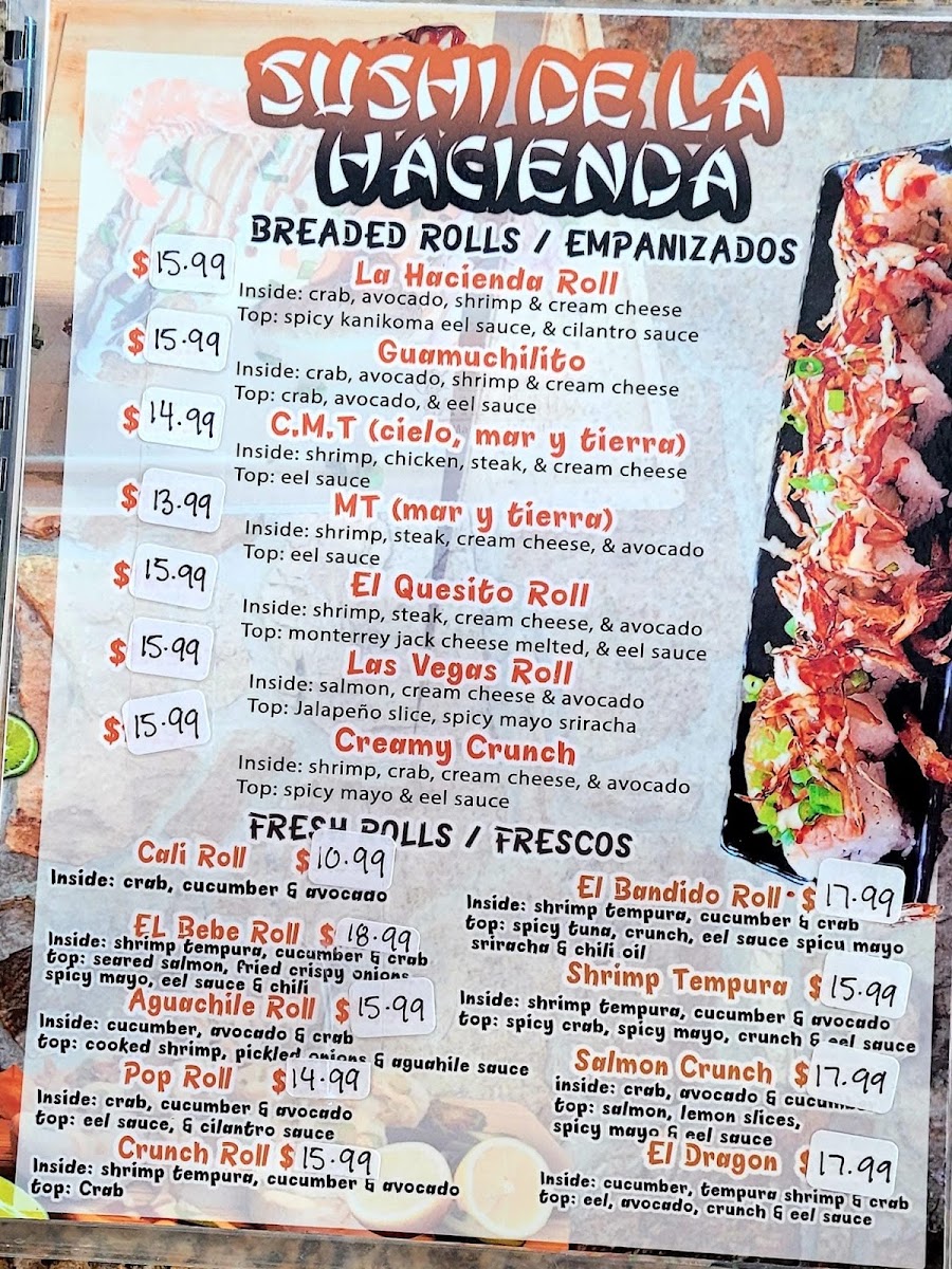 La Hacienda Mariscos & sushi menu board
