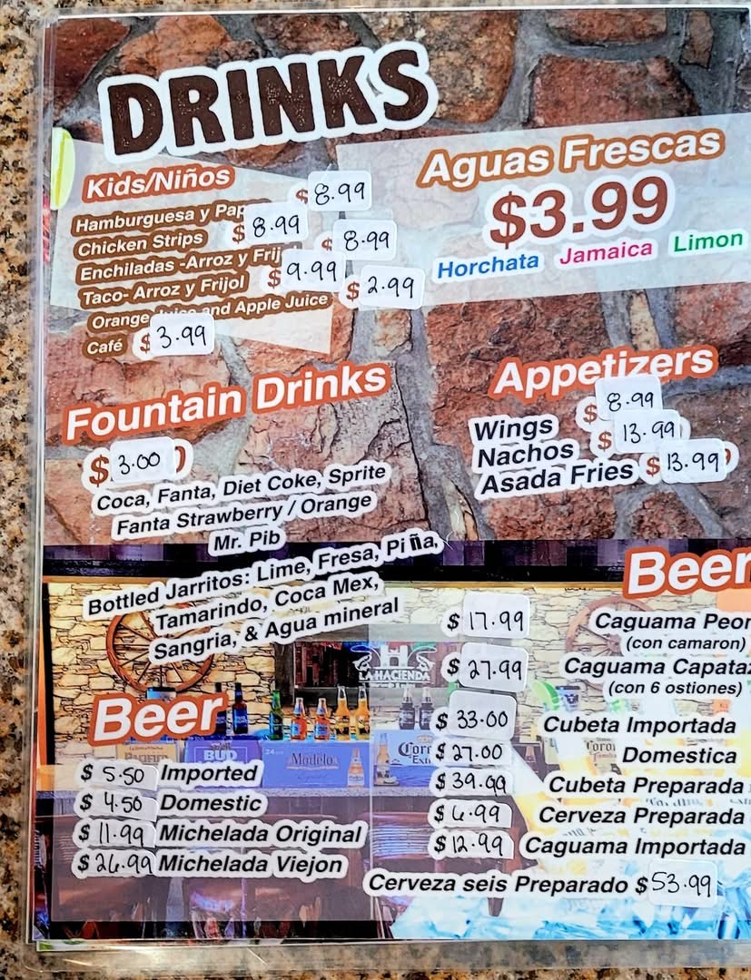 La Hacienda Mariscos & sushi menu board