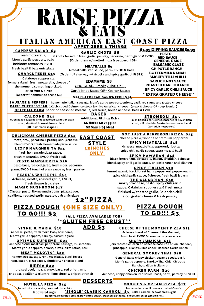 Raise Pizza & Eats menu board