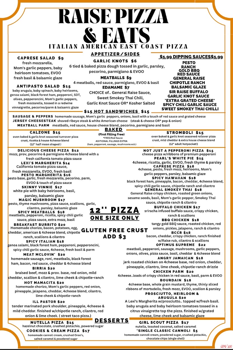 Raise Pizza & Eats menu board