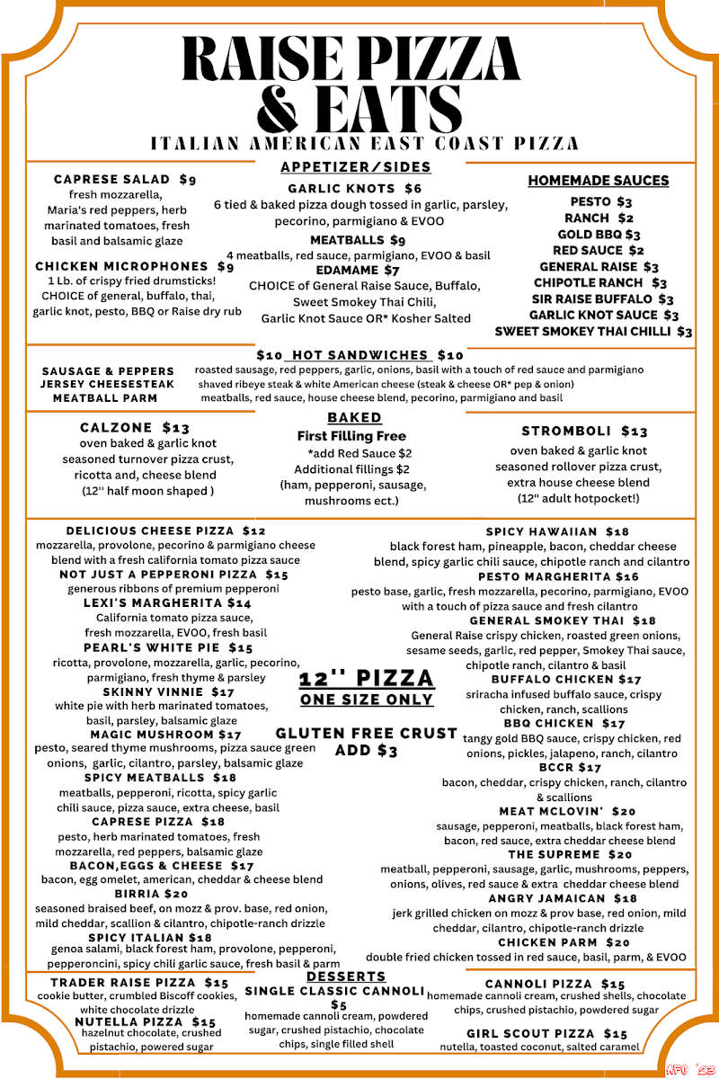 Raise Pizza & Eats menu board